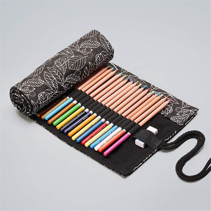 Funny live 36/48/72 Slots Colored Pencil Wrap Pencils Roll Holder Coloring Pencils Organizer Holder Colored Pen Paint Brush Storage Pouch Portable for Artist Student (Black leaf, 48 Slots) - Image 2
